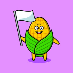 Cute cartoon Corn mascot character with white flag in modern design for t-shirt, sticker, logo element