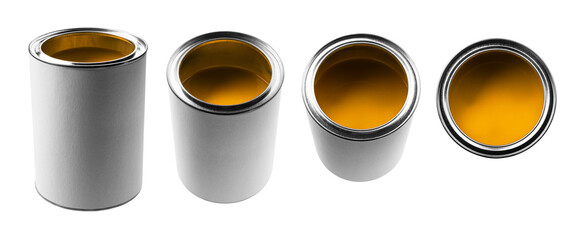 A jar with yellow paint in different angles on a white background