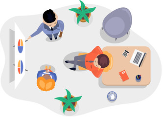 Business office connection working concept. Businessmen communicating talking about project strategy. People having board meeting with presentation, business brainstorming of startup, top view