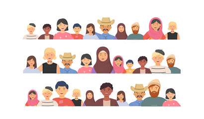 Multiethnic group of people standing together community and togetherness concept, diversity portrait. Characters men and women isolated on white. Crowd community. Social diversity friends or relatives