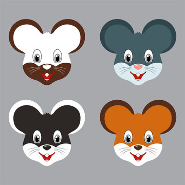 Collection of mouse cartoon face design icon. Pack of happy mouse cartoon face vector illustration.
