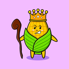 Cute cartoon corn mascot as wise king with golden crown and wooden stick cute modern style design for t-shirt, sticker, logo element