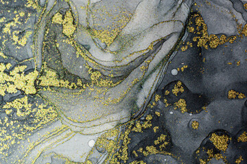 Abstract bright shiny color fluid background, hand drawn alcohol painting with golden streaks, liquid ink technique texture for backdrop design