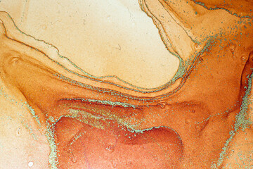 Abstract bright shiny color fluid background, hand drawn alcohol painting with golden streaks, liquid ink technique texture for backdrop design