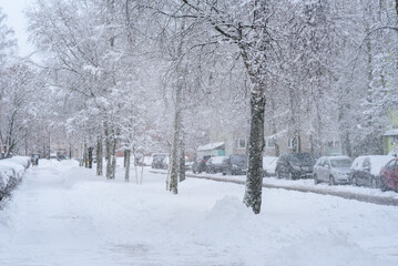 Snowing in Tallinn city district. Everything covered by snow