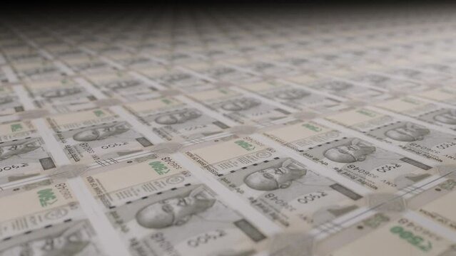 500 Indian rupees bills on money printing machine. Video of printing cash. Banknotes. INR.