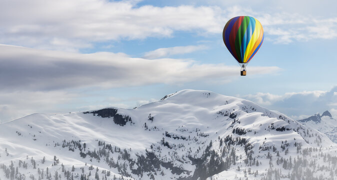 Dramatic Mountain Landscape covered in clouds and Hot Air Balloon Flying. 3d Rendering Adventure Dream Concept Artwork. Aerial Image from British Columbia, Canada. Colorful blue Sky