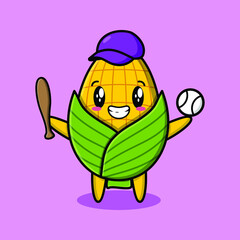 Cute cartoon corn character playing baseball in modern style design for t-shirt, sticker, and logo elements