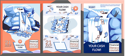 Cash flow, stable income website, advertising poster. Idea of income growth and development. Business investment, financial literacy courses and profit increase. Active and passive income concept