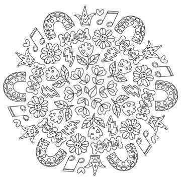 Positive, groovy Mandala colouring. Hand drawn coloring page for kids and adults. Beautiful drawing with patterns and small details. Coloring book pictures. Botany, flowers, herbs, leaves