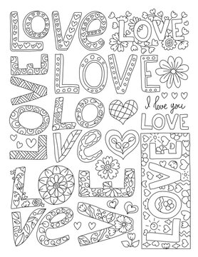 I love you. Hand drawn coloring page for kids and adults. Inspirational quotes. Lettering illustration, text card, poster or lettering print. Coloring book picture. Valentines day greeting