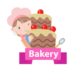 Bakery logo vector illustration with cute girl cartoon art