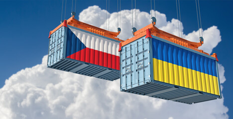 Cargo containers with Czech Republic and Ukraine national flags. 3D Rendering 