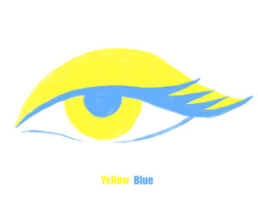 Female eye. Icon, logo of cosmetics. Eye of yellow and blue