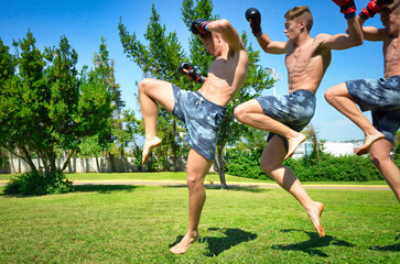 Muscle Athletic Man Jumping and doing martial arts moves and training out in nature.