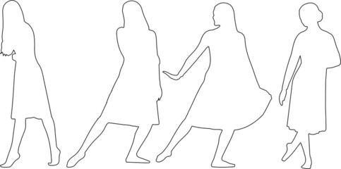 Vector silhouette of ladies, front, back, lateral, view perfect to include in your architecture projects, renders, sketches or plans.