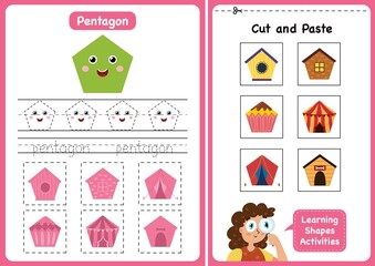 Learning shapes activity page - Pentagon. Geometric shapes worksheets for kids. Cut and paste game for toddlers. Vector illustration
