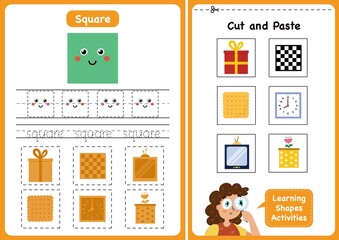 Learning shapes activity page - Square. Geometric shapes worksheets for kids. Cut and paste game for toddlers. Vector illustration