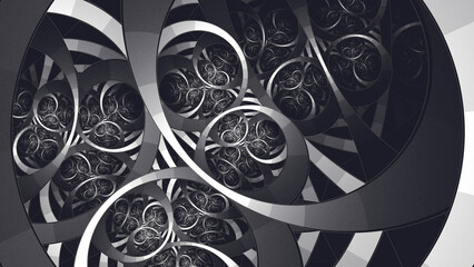 Grayscale Trippy Abstract Circular Tunnel Fractal Background. Dark gritty geometric futuristic fractal vortex render. Beautiful mathematical art concentric circles wallpaper