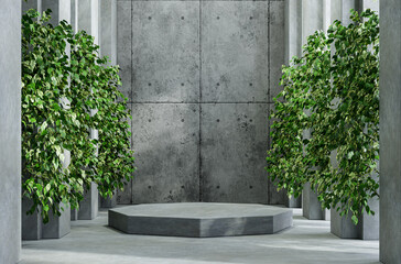 Mock up concrete podium for product presentation with tree and a cement background.