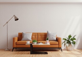 Living room wall mock up with leather sofa and decor on white plaster wall background.
