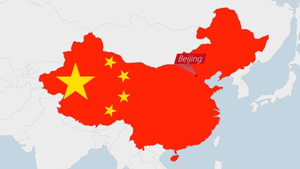 China map highlighted in China flag colors and pin of country capital Beijing.