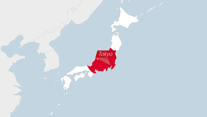 Japan map highlighted in Japan flag colors and pin of country capital Tokyo. © boldg