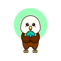 happy bald eagle bird and earth planet adorable cartoon doodle vector illustration flat design style
