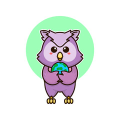 happy owl bird and earth planet adorable cartoon doodle vector illustration flat design style