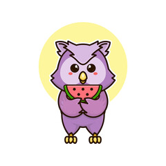 Obraz na płótnie Canvas happy owl bird eat watermelon fruit adorable cartoon doodle vector illustration flat design style
