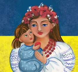 Mother and Child Ukrainian Refugees Illustration. Ukrainians in traditional clothing on blue yellow background 
