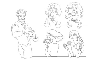 Fototapeta na wymiar Barista and young women with cup of coffee. Outline vector.