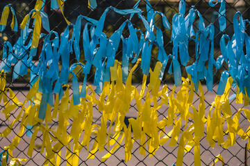 The state flag of Ukraine, made of many yellow and blue ribbons