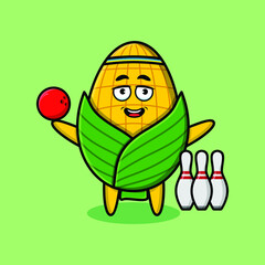 Cute cartoon corn character playing bowling in 3d modern style design for t-shirt, sticker, logo elements