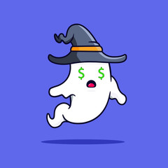 illustration of ghost cartoon character with purple background. 