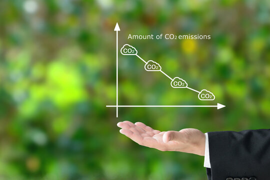 二酸化炭素排出量のグラフを掲げるビジネスマンの手元
