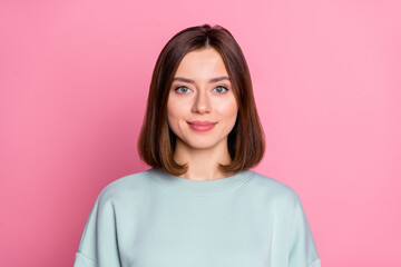 Fototapeta premium Photo of young adorable lady good mood wear casual clothes clever isolated over pink color background