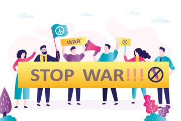 Women and men on demonstration or protest holding placards. Stop war, concept. People are protesting against the start of the war. Movement of pacifism, for world peace.