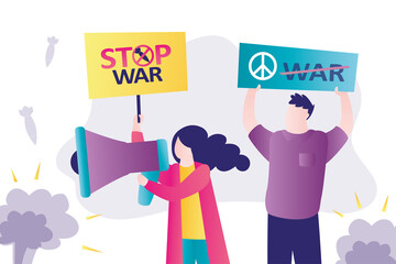Group of demonstrators protest against military action and weapons. Stop war, concept. People are protesting against start of the war. Movement of pacifism, for world peace.