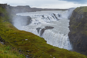 Picturesque full of water big waterfall Gullfoss autumn view, southwest Iceland.