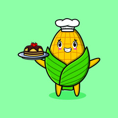 Cute Cartoon chef corn mascot character serving cake on tray cute style design in 3d cartoon style concept