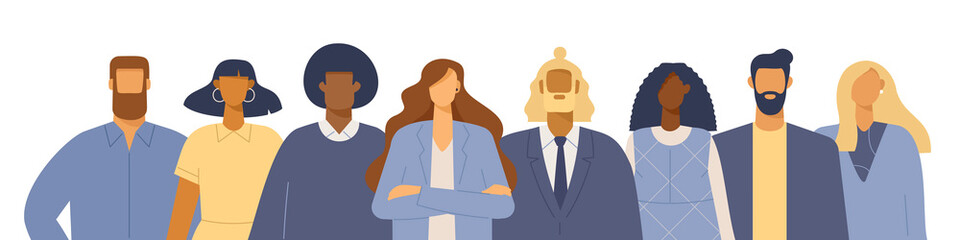 Group of business people of different nationalities and cultures, skin colors and hairstyles. Businessman and businesswoman together. Society or population, social diversity. Vector illustration. 