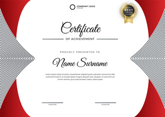 Modern red certificate template and border, for award, diploma, and printing. Red elegant certificate of achievement template with gold badge and border