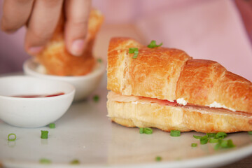  detail shot of club sandwich on wooden table