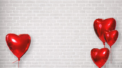 red hearts balloons on a white brick background