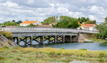 Brem sur mer,France;June 28, 2021:The Brem sur mer bridge and its Auzance river in Vendée.