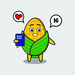Cute cartoon corn character holding diary book with happy expression in concept 3d cartoon style