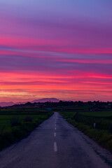 Kraftvoller hellroter und rosafarbener Sonnenuntergang über dem Feld mit Straße