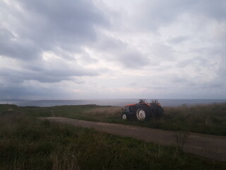 Old red tractor in a meadow