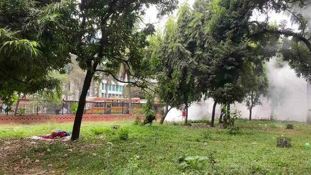 Gardener Technician man Fogging Tropical Park of Residential Area With Insecticides To Kill Mosquitoes, India